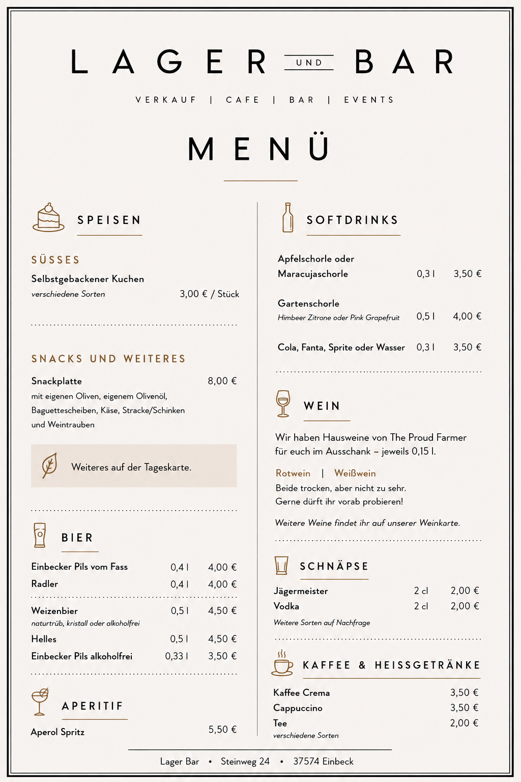 Aktuelle Karte der Lager-Bar mit Getränken, Kuchen und Snacks